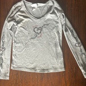 Gray Long Sleeve V-Neck Shirt with Heart Design